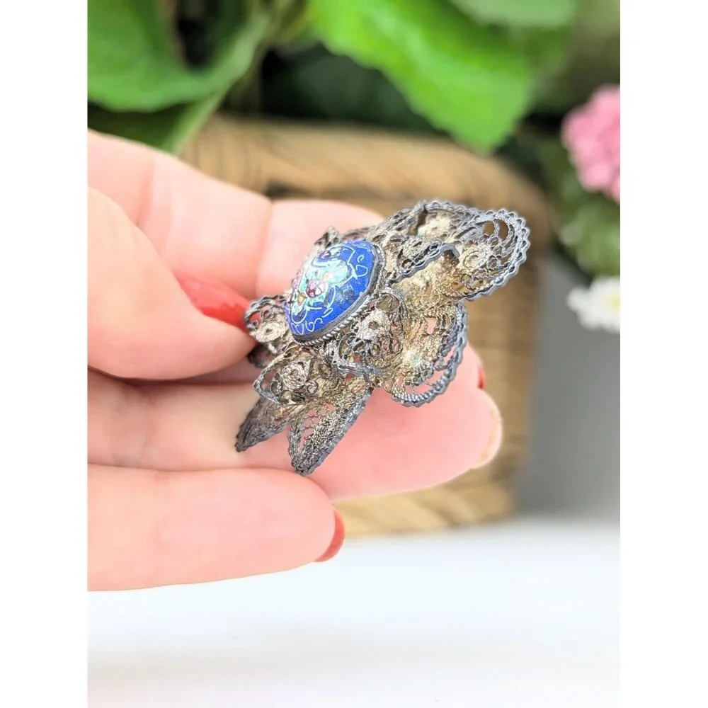 Antique 1900s Sterling Silver Filigree Brooch Hand-painted Enamel Edwardian Era - Picture 4 of 7